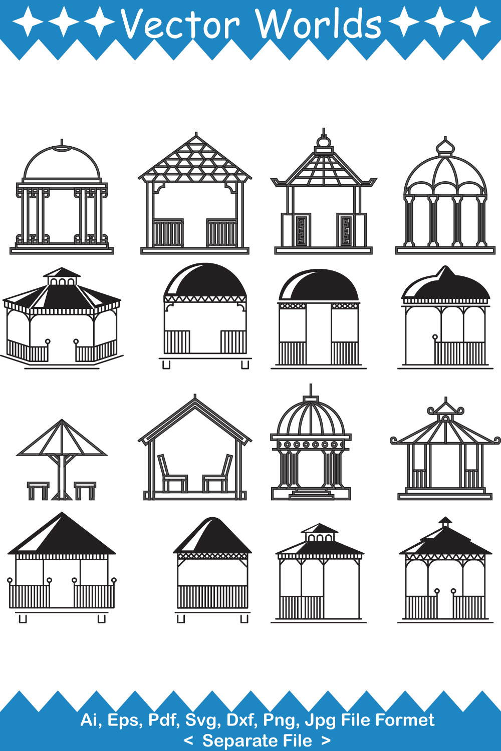 Set of vector charming images of gazebo silhouettes.