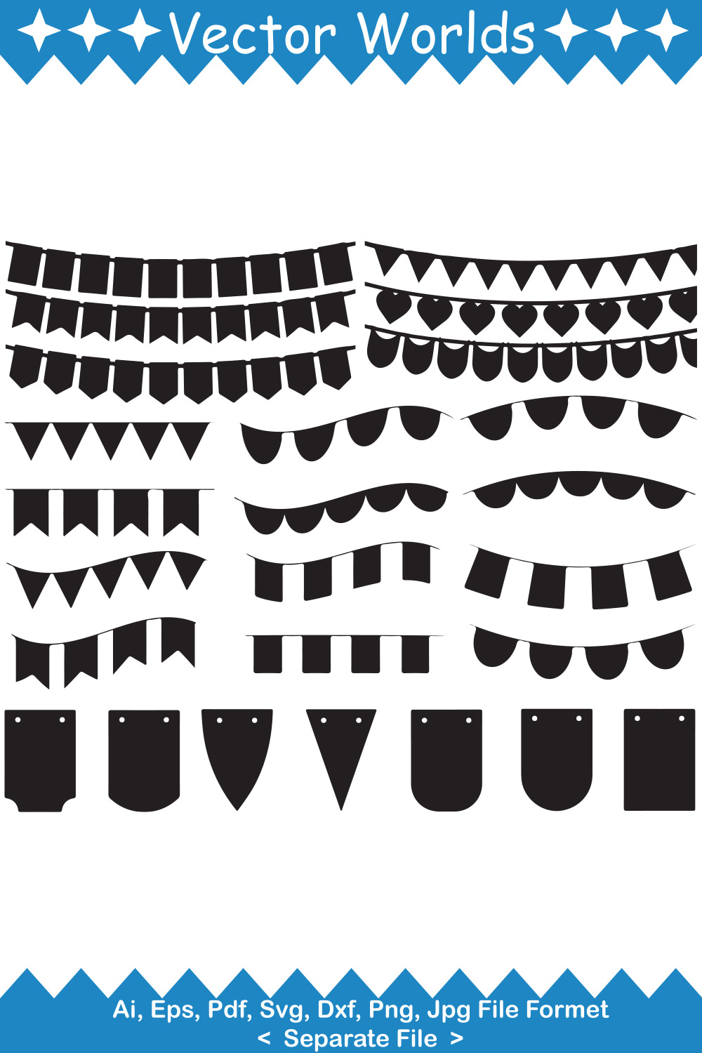 A selection of vector beautiful images of bunting banners in black.