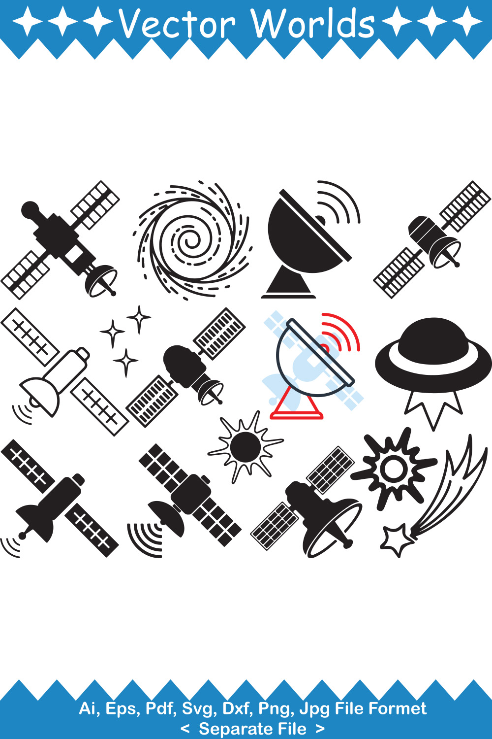 Bundle of vector adorable images of space satellite silhouettes.