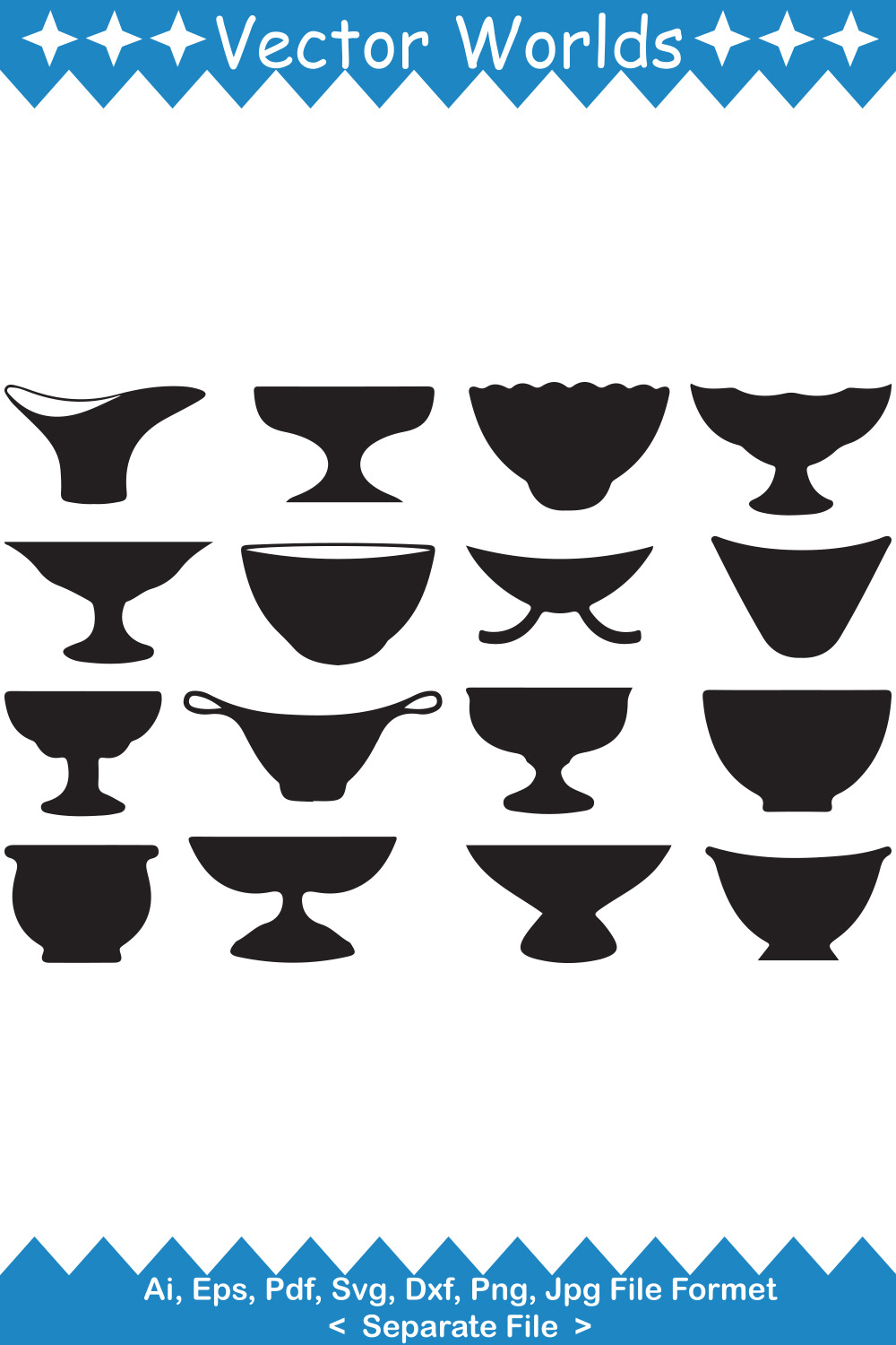 Bundle of vector enchanting images of the silhouette of bowls.