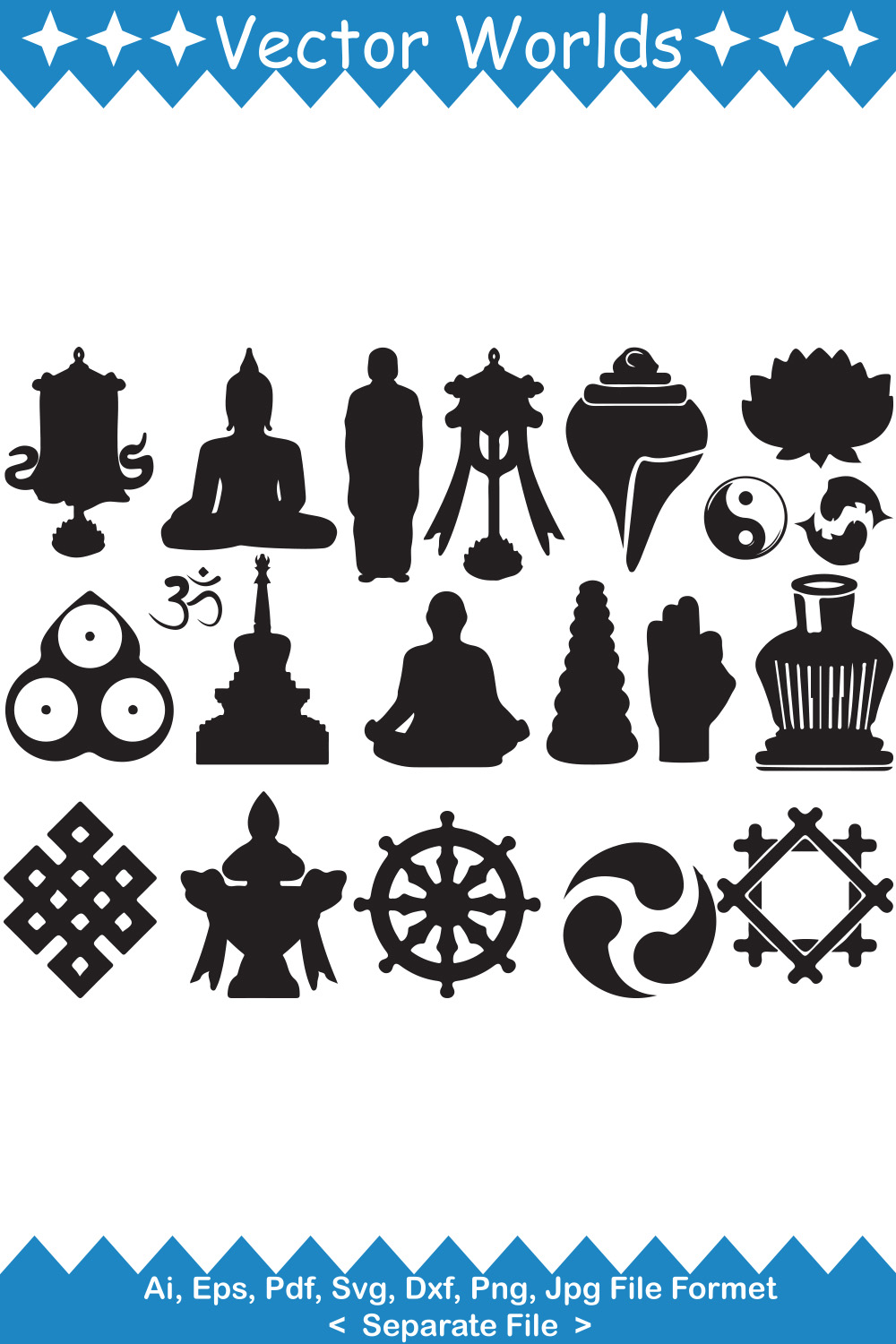A selection of vector beautiful images of silhouettes of buda symbols.