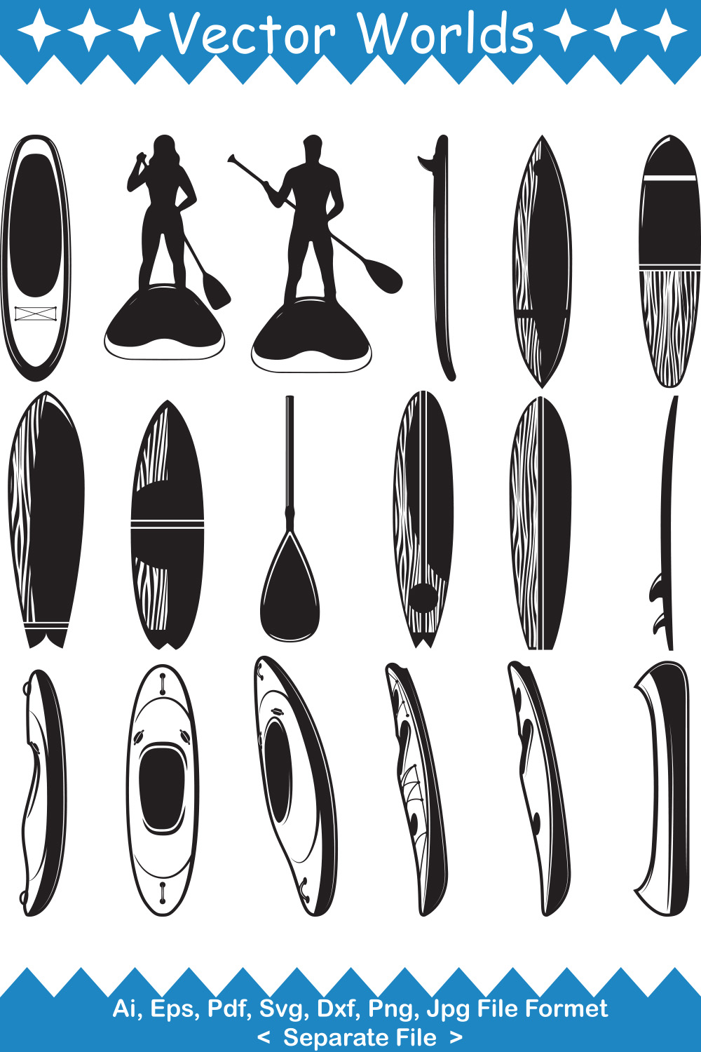 Bundle of vector gorgeous paddle board silhouette images.
