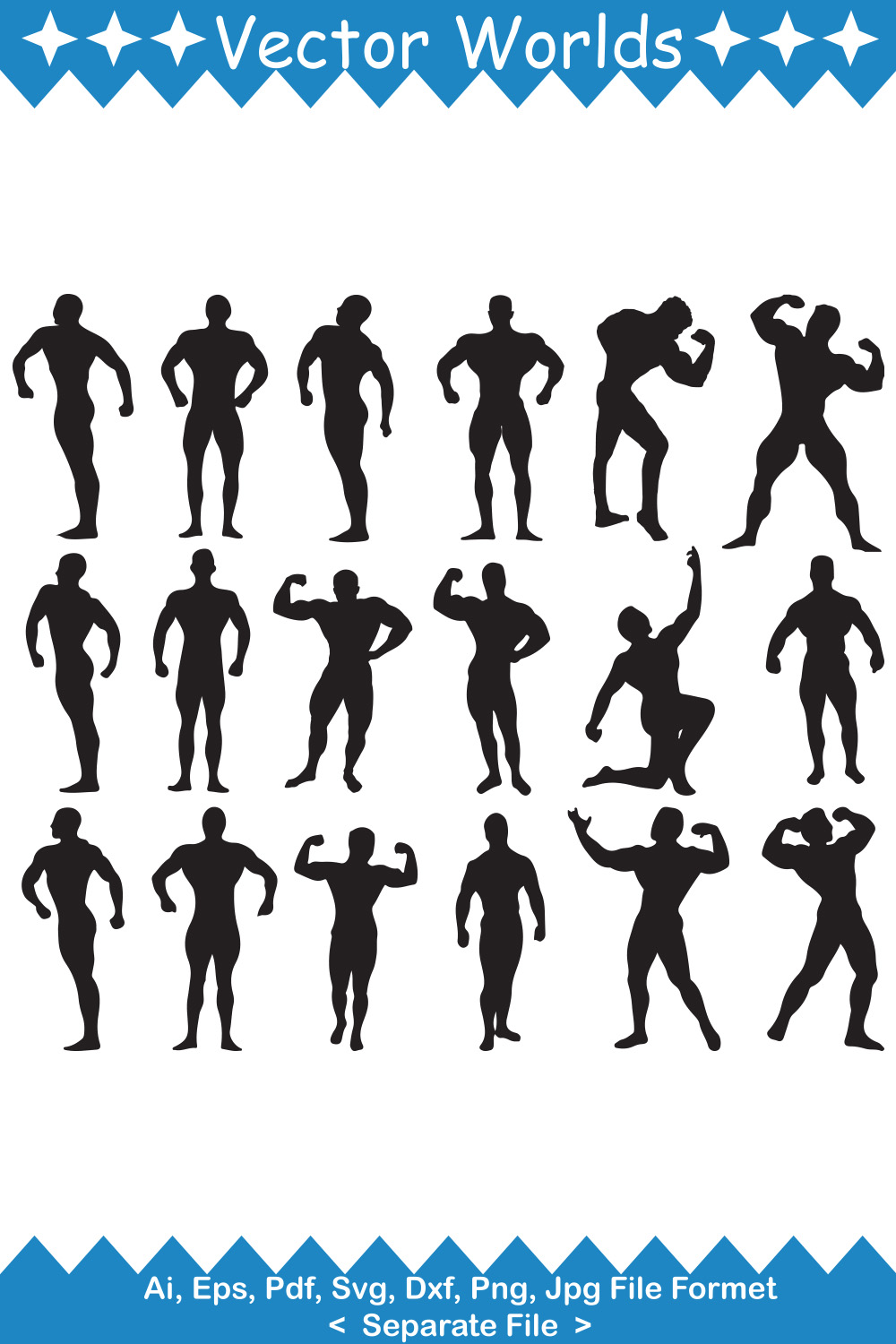 Bundle of vector exquisite images of a silhouette of a bodybuilder man.