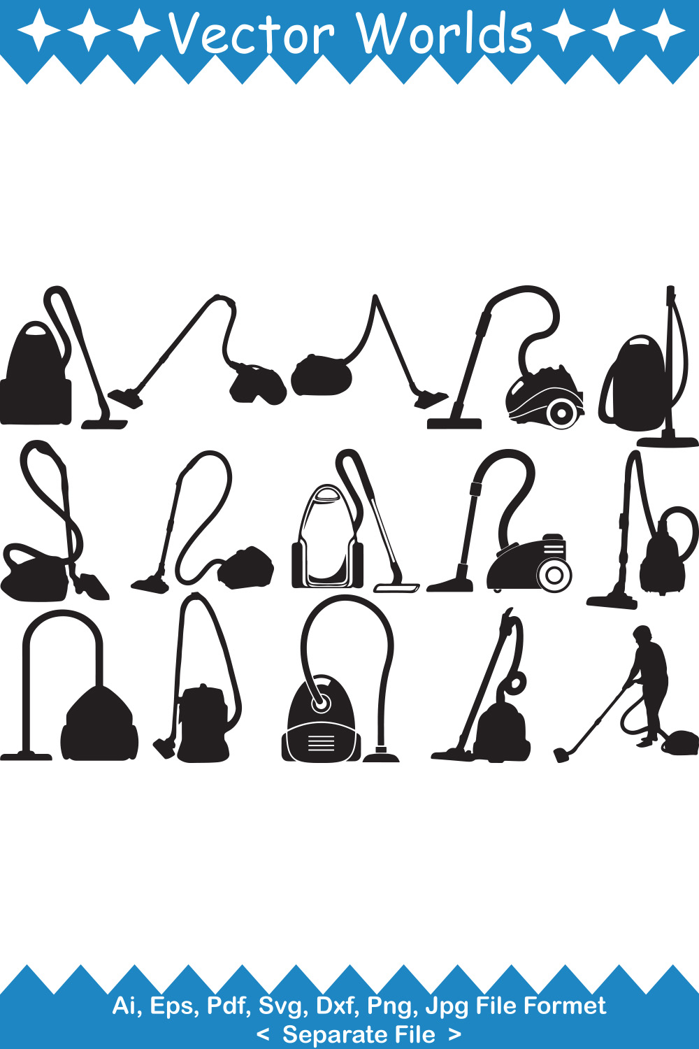 Set of vector unique images of silhouettes of vacuum cleaners.