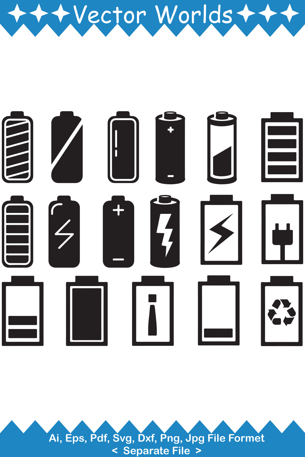 A selection of vector gorgeous images of batteries in black.