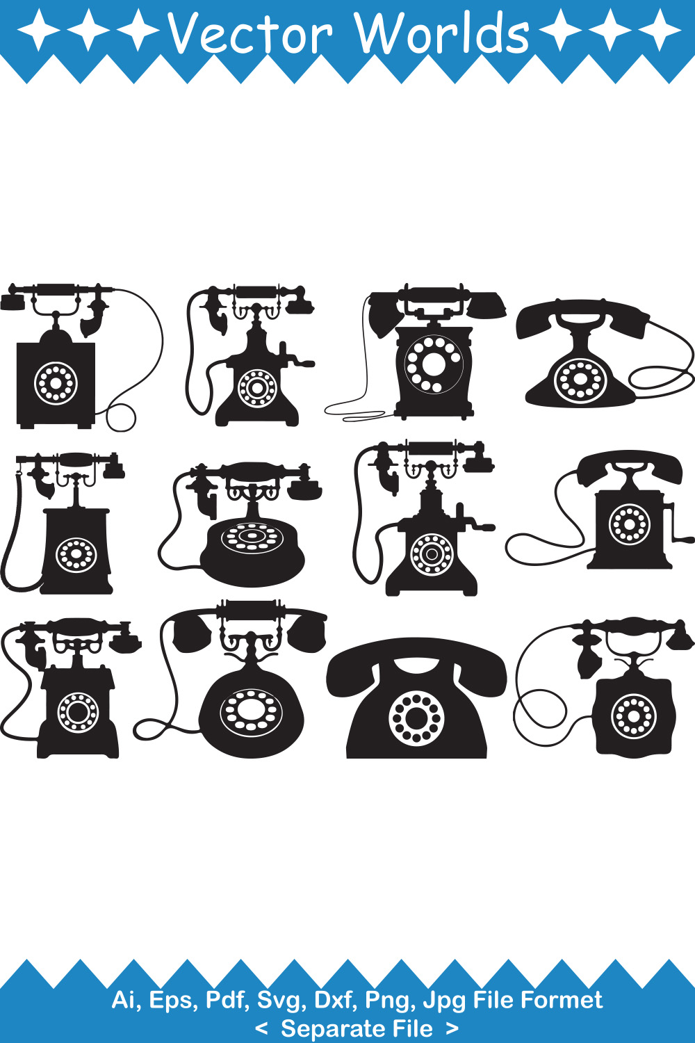 Collection of vector charming images of silhouettes of telephones.