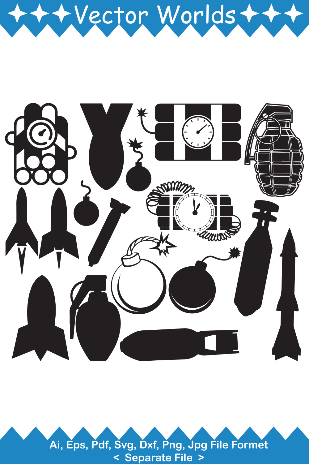 Collection of vector unique images of bombs and grenades in black color.