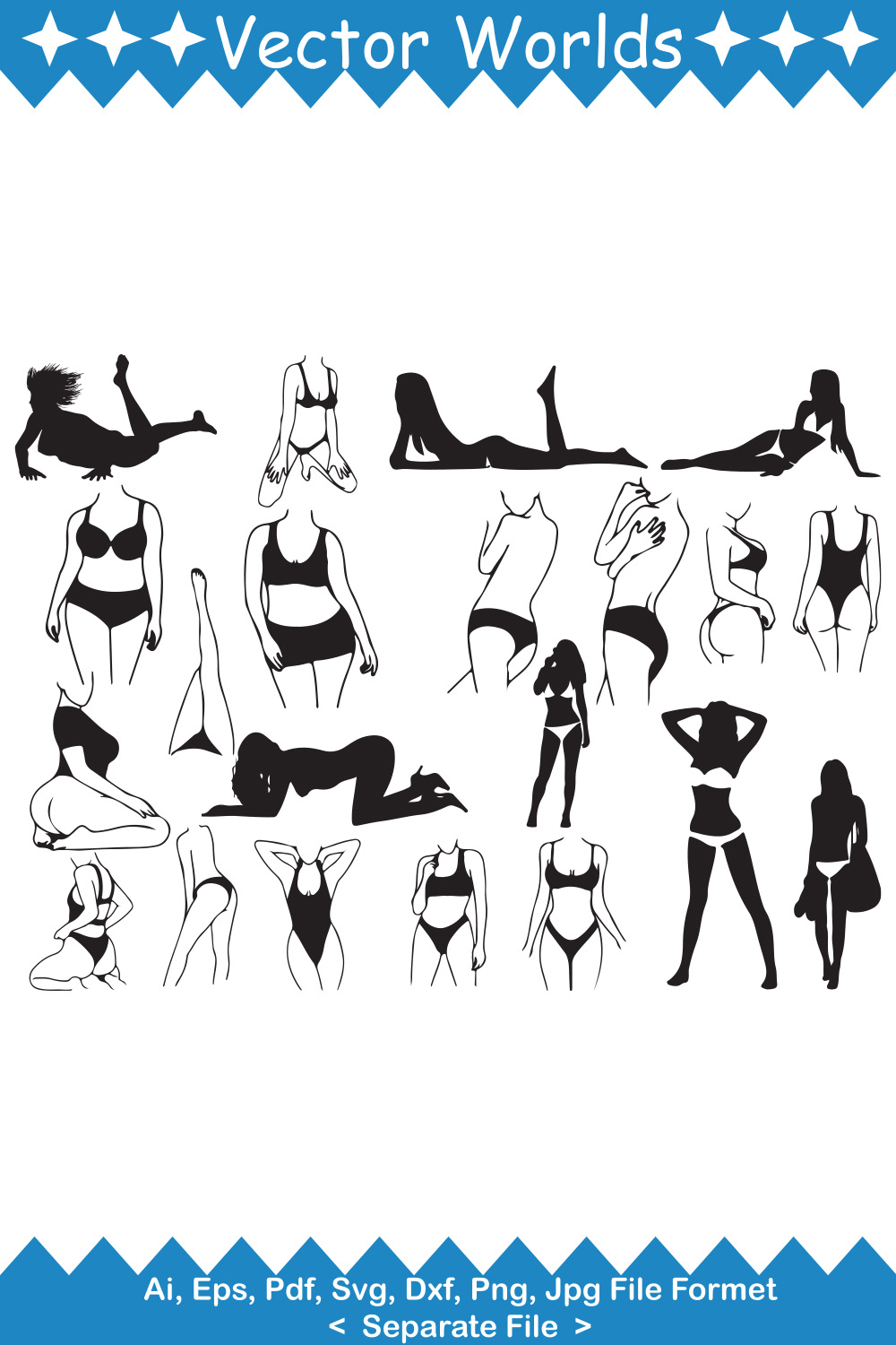 Set of charming images of silhouettes of girls in bikini.