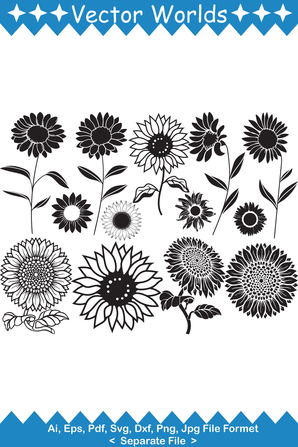 Bundle of vector amazing images of sunflower silhouettes.