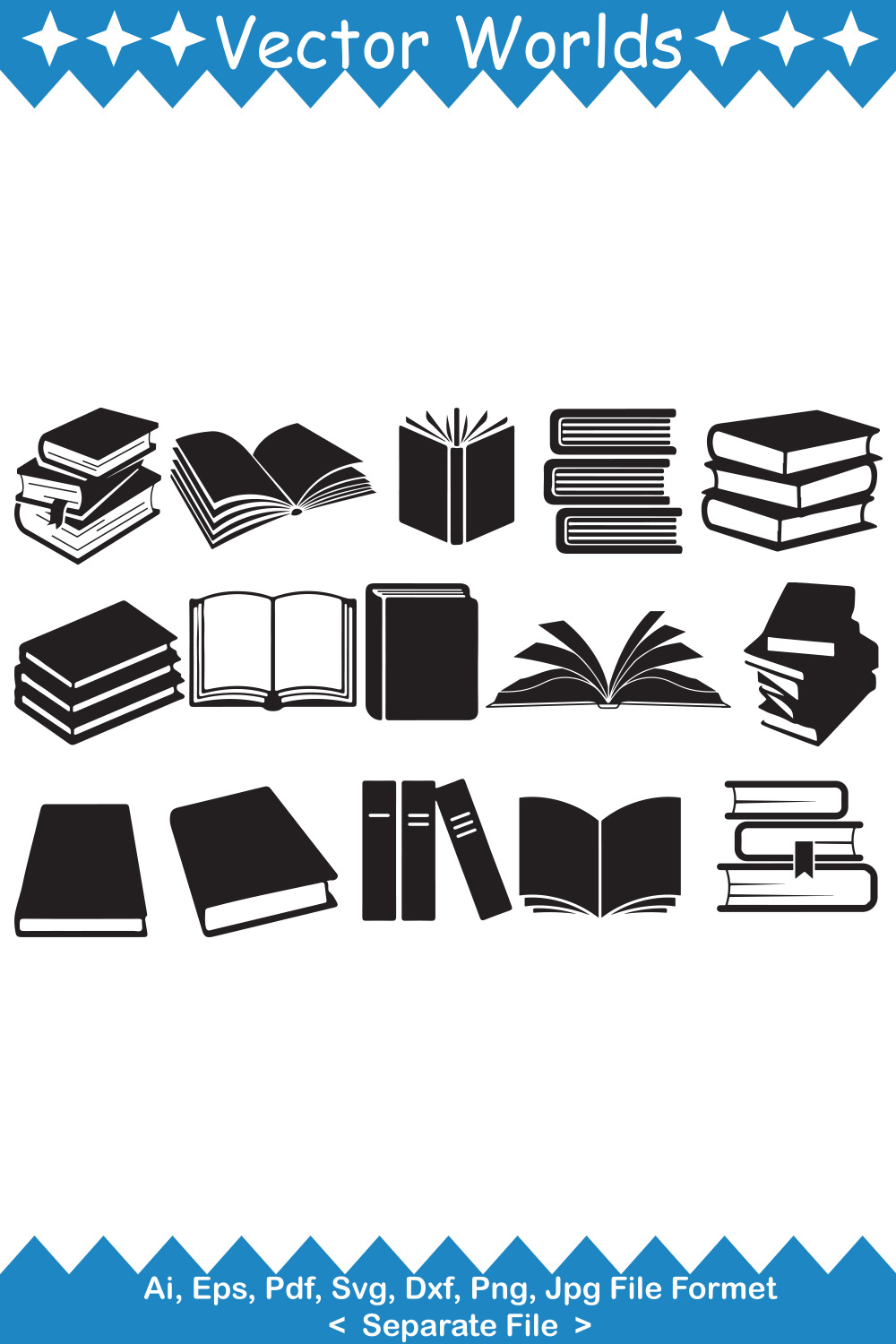 A selection of vector irresistible images of books in black.
