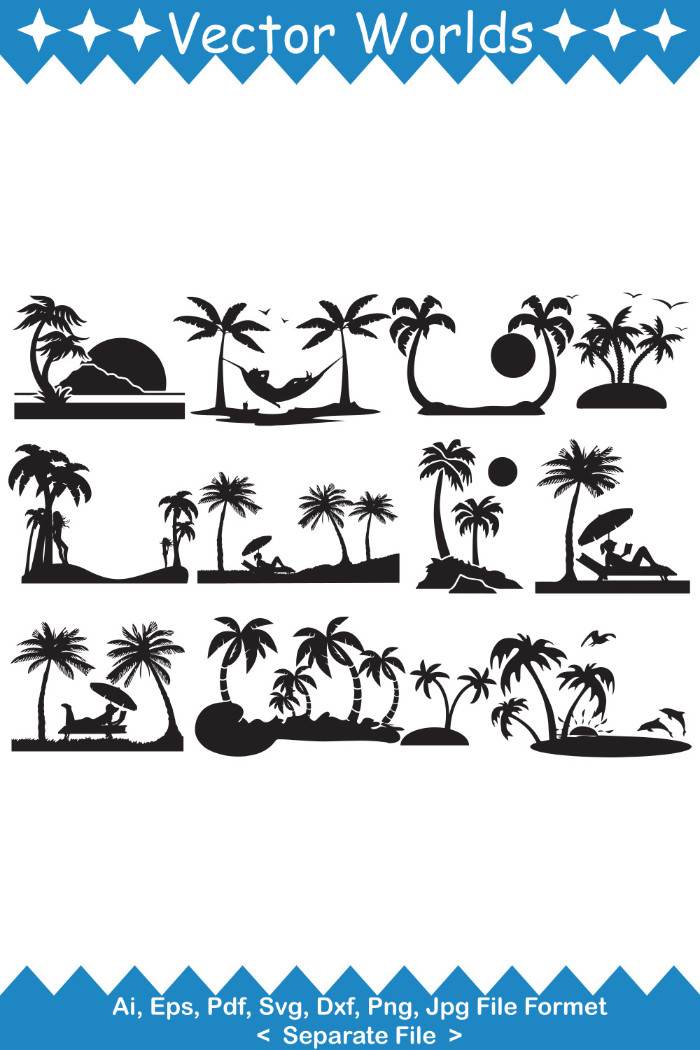 Collection of vector exquisite beach stencils in black color.