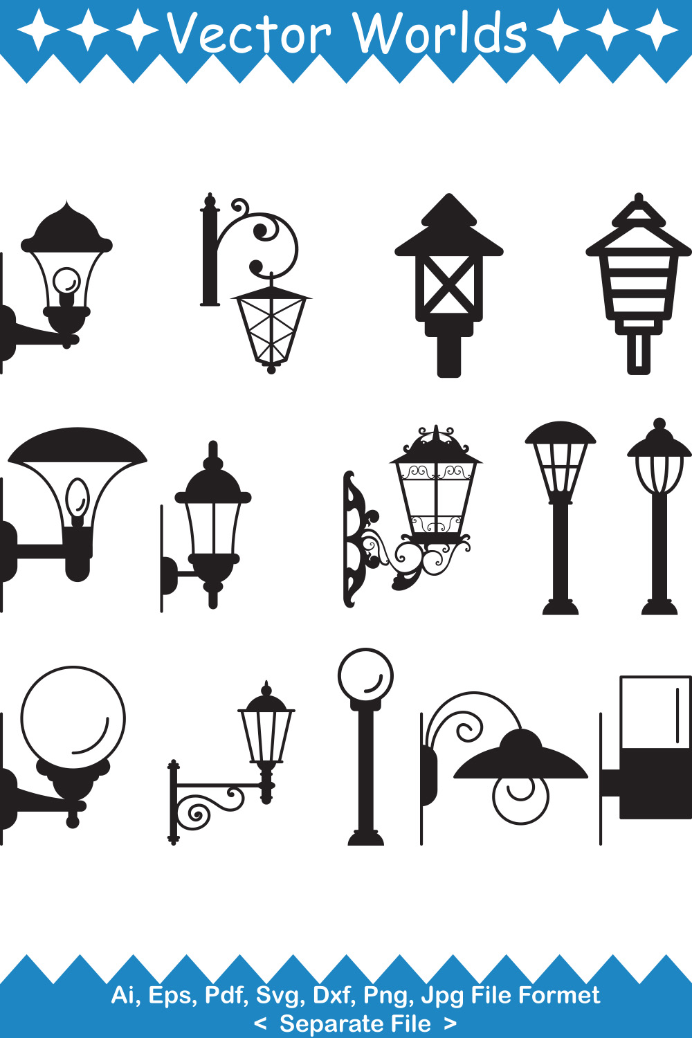Bundle of vector gorgeous images of garden lamps silhouettes.