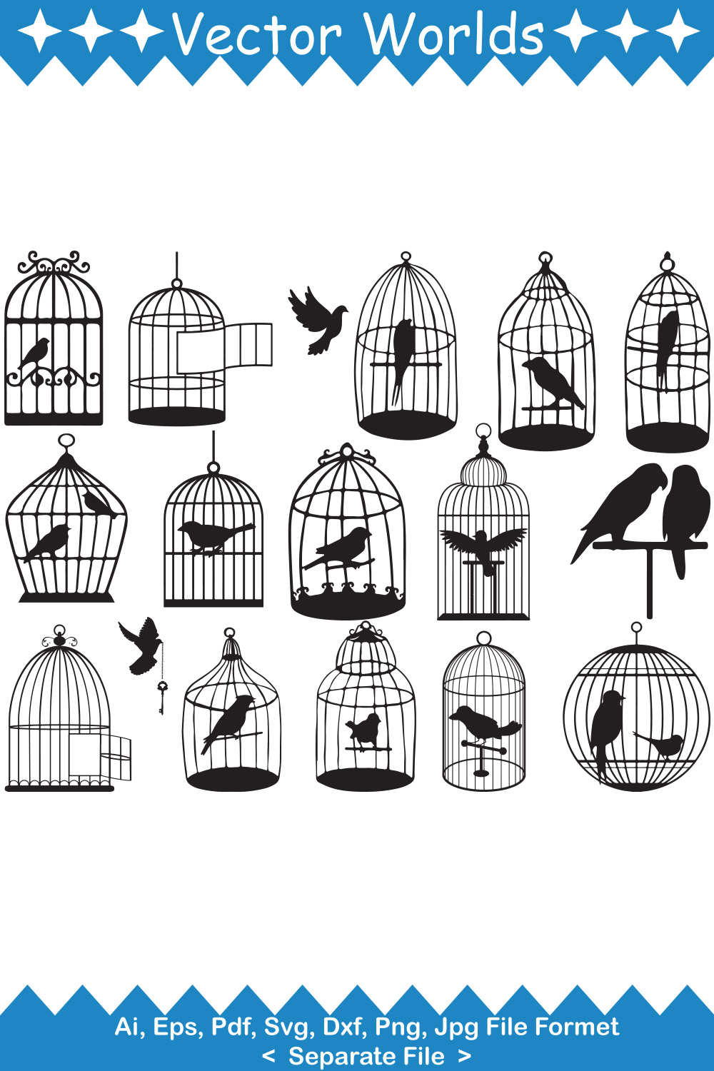 Bunch of birds in cages with stars.