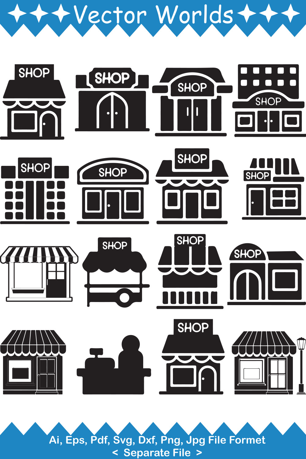 Collection of vector unique images of shop silhouettes.