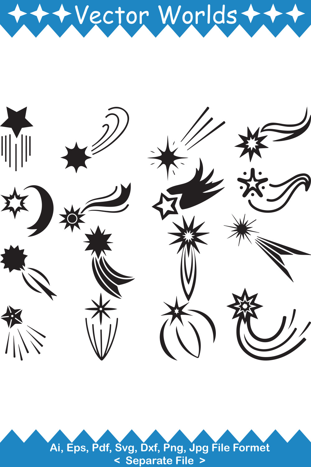 Pack of vector amazing images of flat falling star silhouettes.