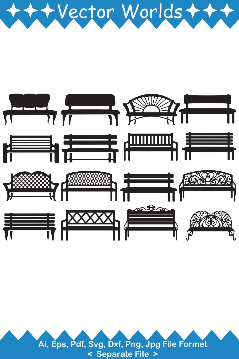 Bundle of vector elegant images of benches in black color.