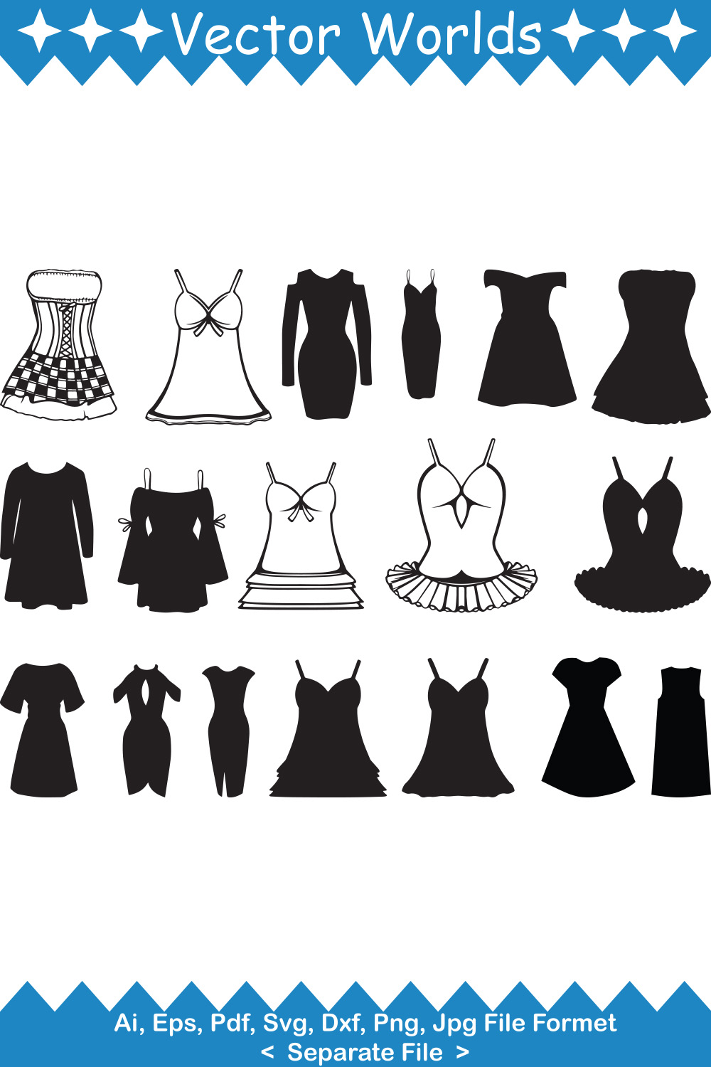 Pack of vector enchanting images of girl frock silhouettes.