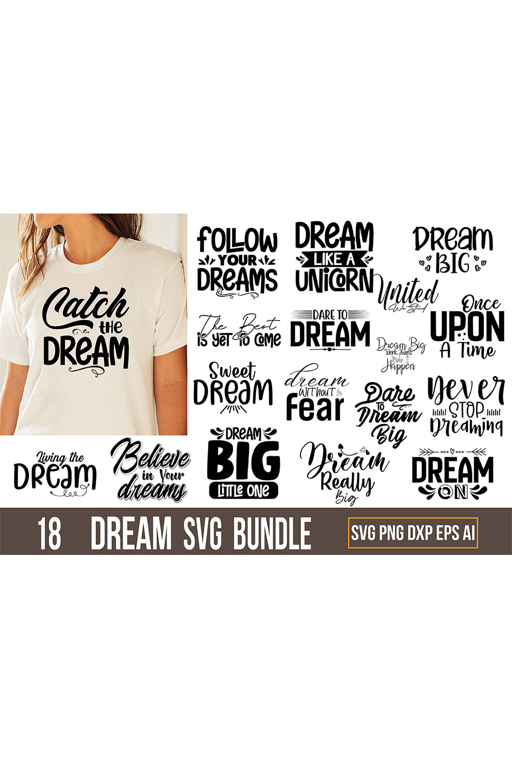 Typography T-shirt Dreams Design SVG Bundle pinterest image.
