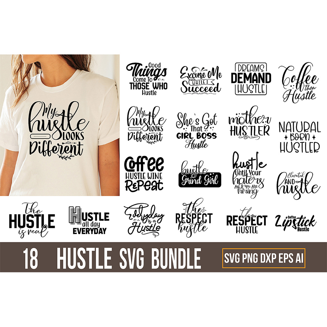 T-shirt Typography Hustle SVG Design Bundle cover image.