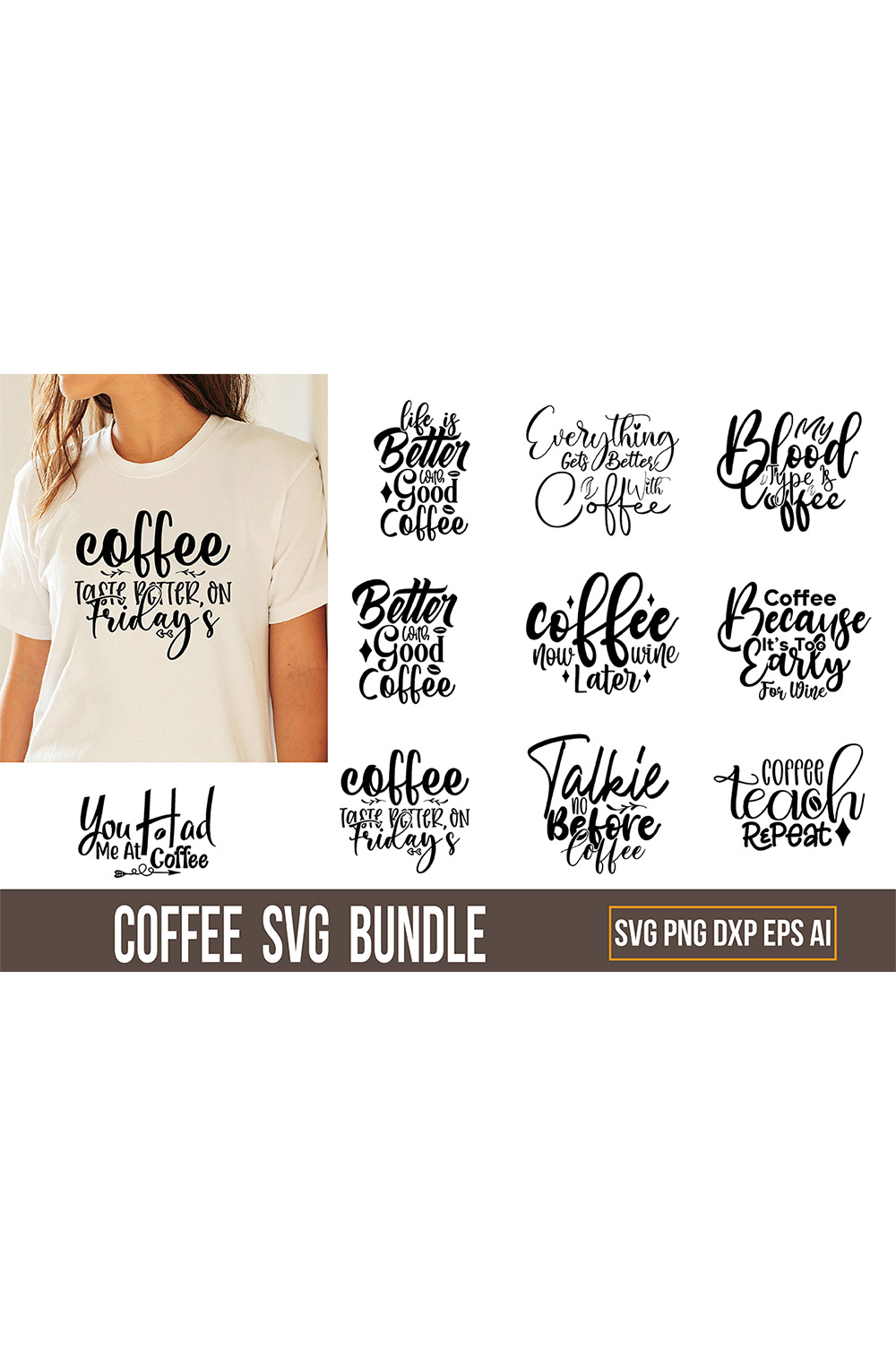 T-shirt Typography Coffee SVG Design Bundle pinterest image.