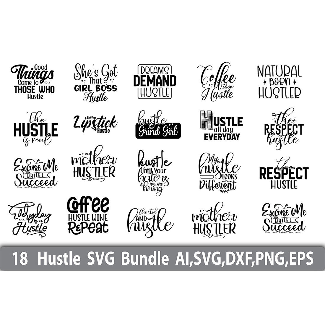 Typography T-shirt Hustle SVG Design Bundle cover image.