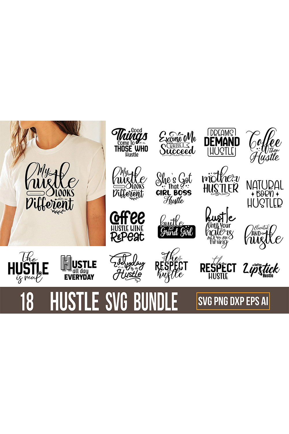 Typography T-shirt Hustle SVG Design Bundle pinterest image.