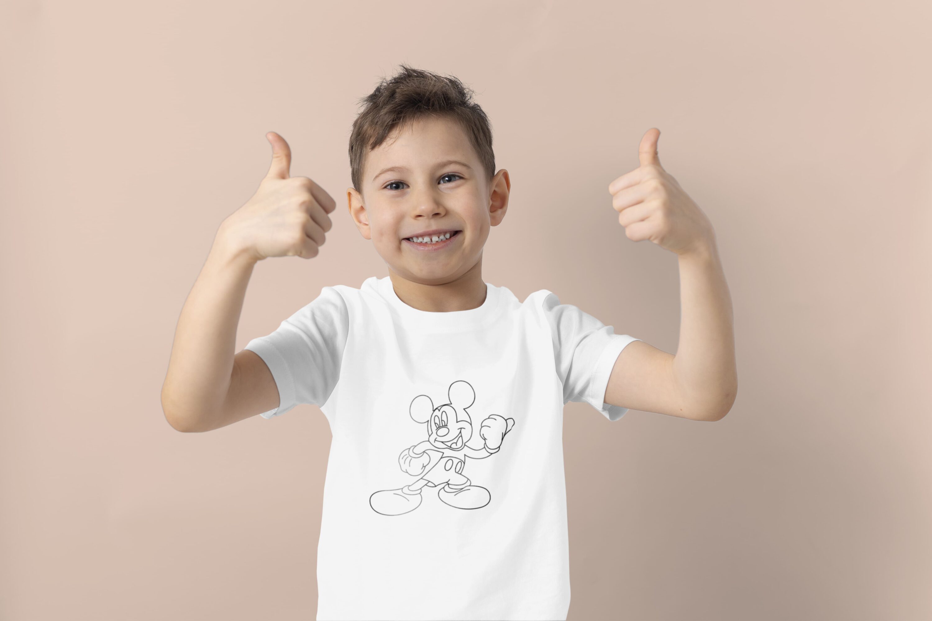 So cute outline Mickey Mouse on a white kid's t-shirt.
