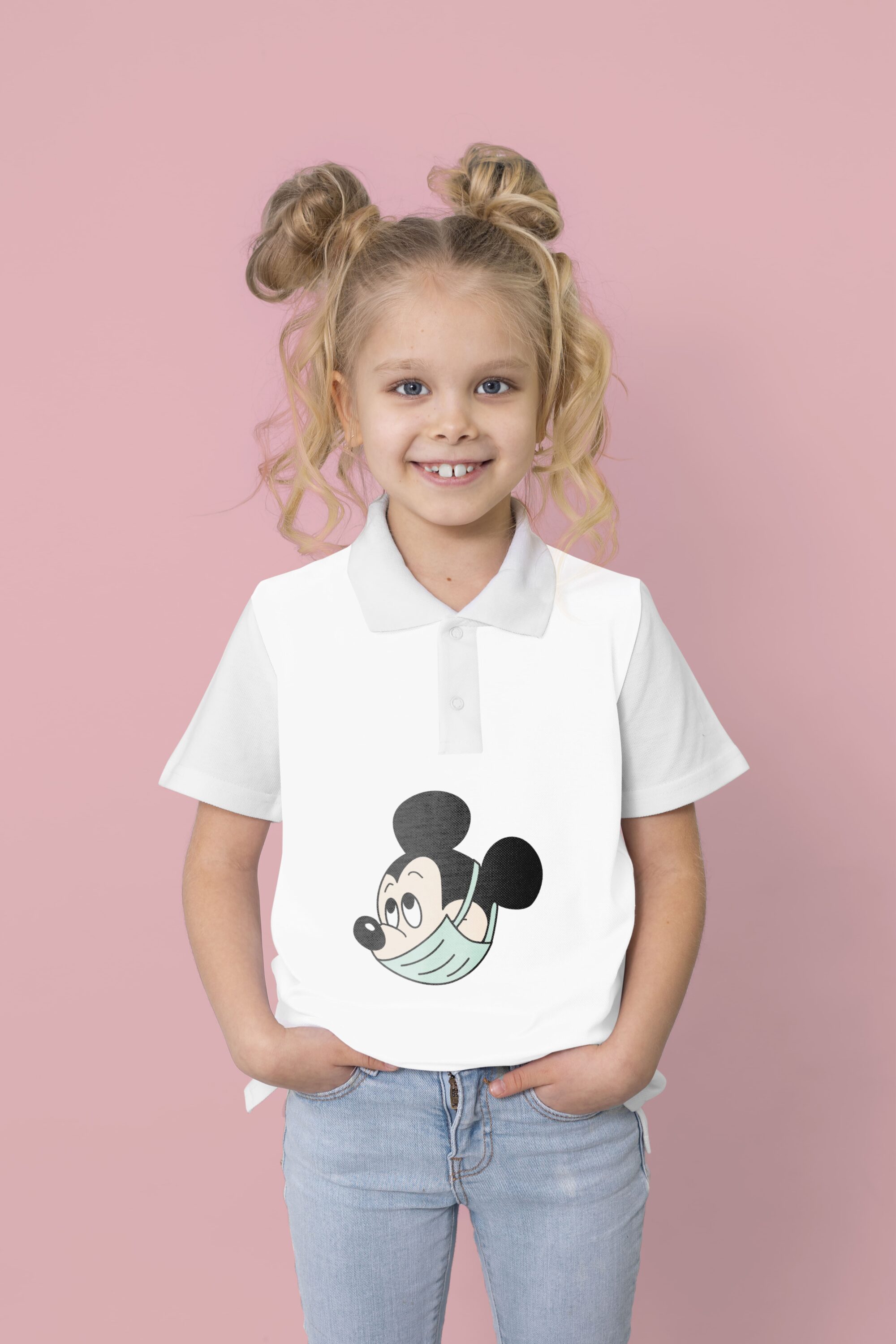 Mickey mouse face with mask on a white t-shirt.