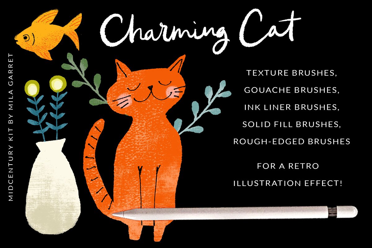 Charming cat painted with brushes.