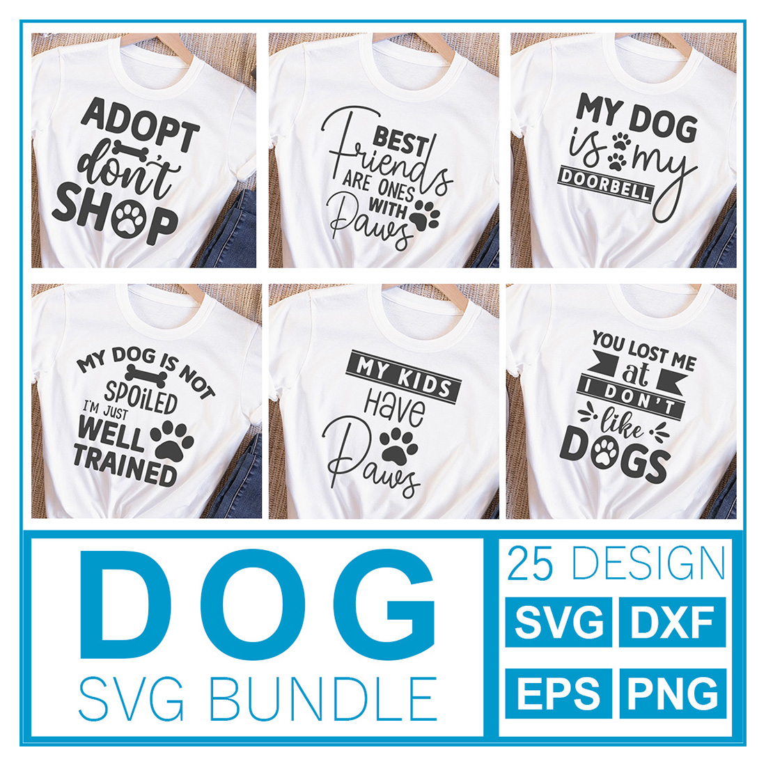 A pack of images of white t-shirts with gorgeous prints on the theme of love for dogs.