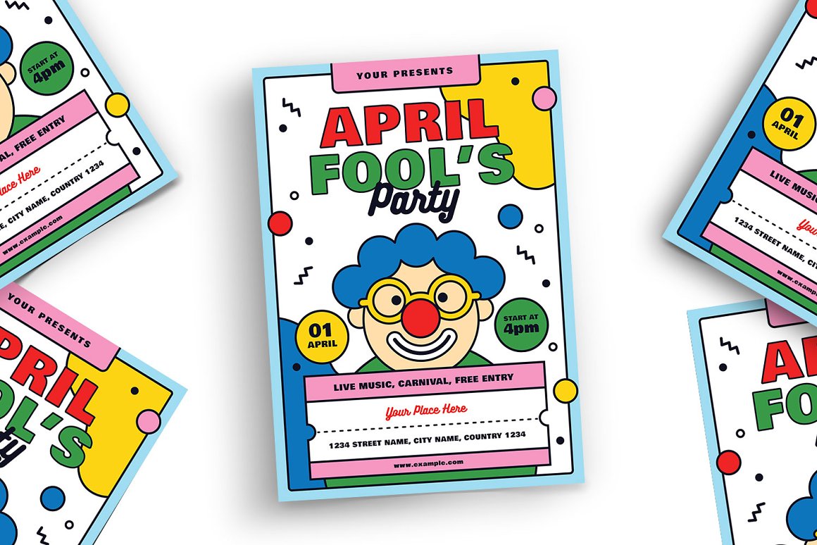 A lot of mockups of April Fools Day party event flyer on a white background.