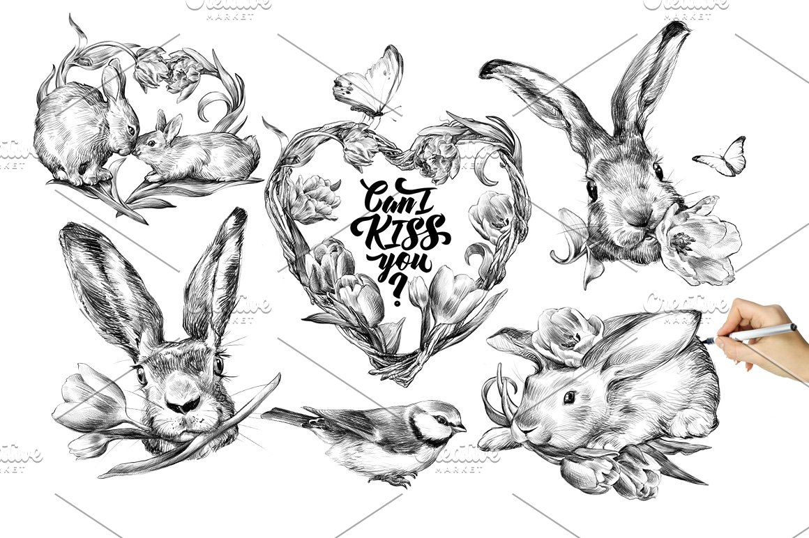 Black lettering "Can't kiss you?" in the centre of black illustration of heart from tulips and 4 different illustrations of easter rabbit on a white background.