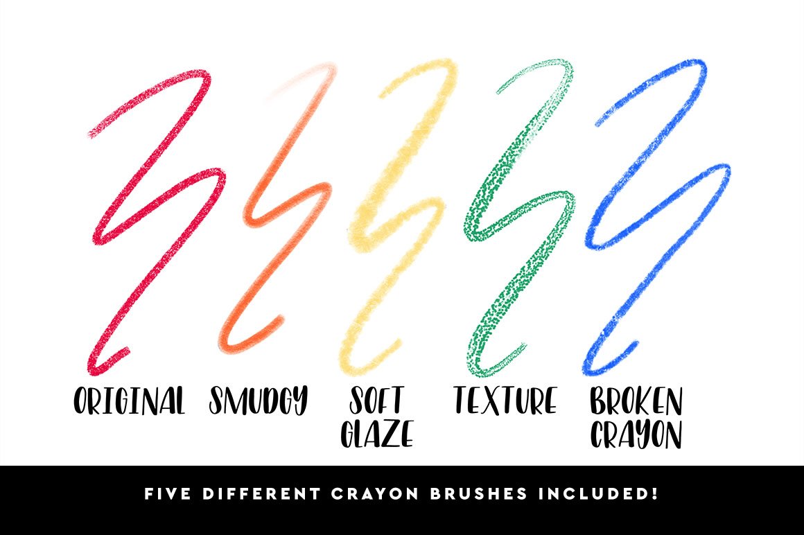 Crayon pack of 5 different brushes on a white background.