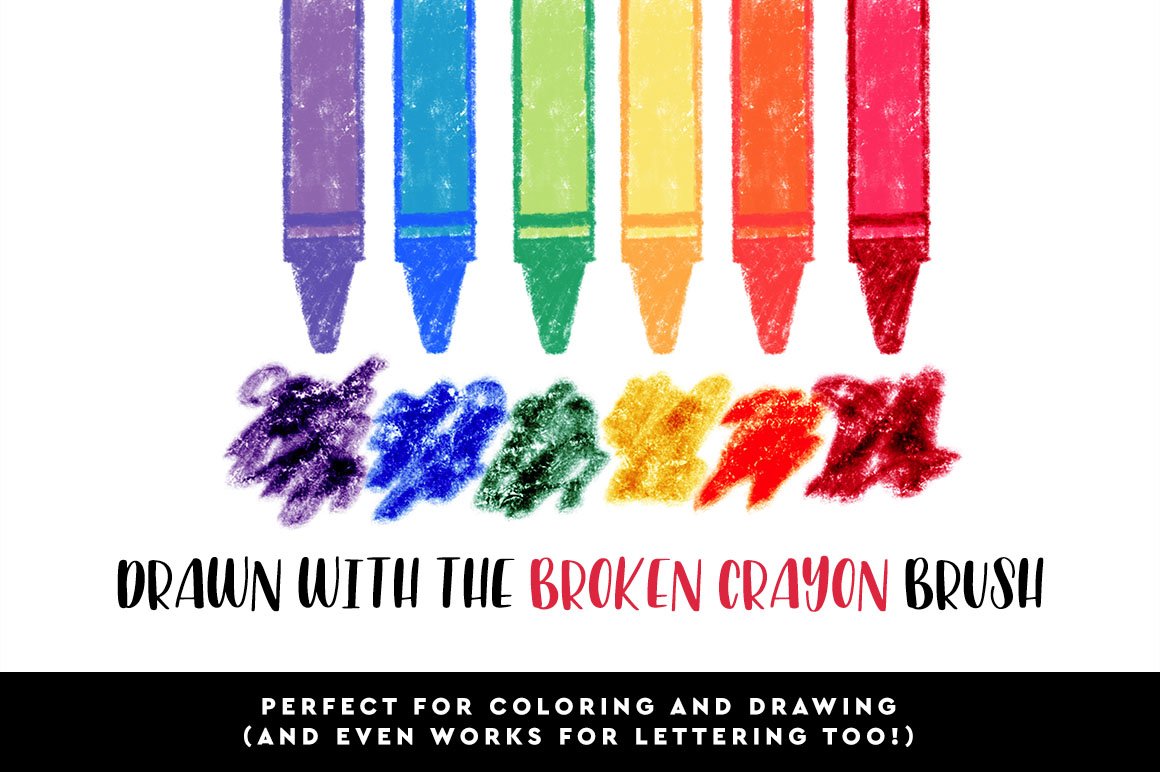 Purple, blue, green, yellow, orange and red crayon brushes on a white background.
