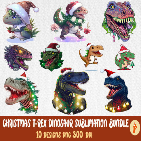 A selection of colorful images of dinosaurs in Santa's hat.