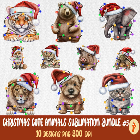 Pack of colorful images of animals in Christmas clothes.