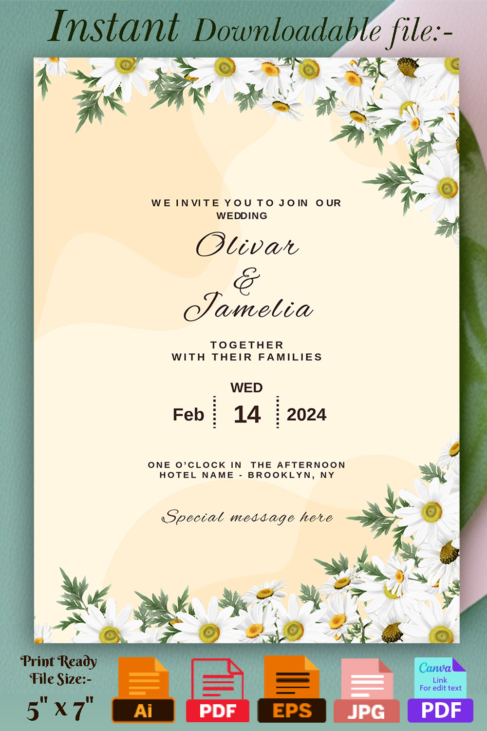 Image with a wonderful wedding invitation card in yellow tones and with flowers.