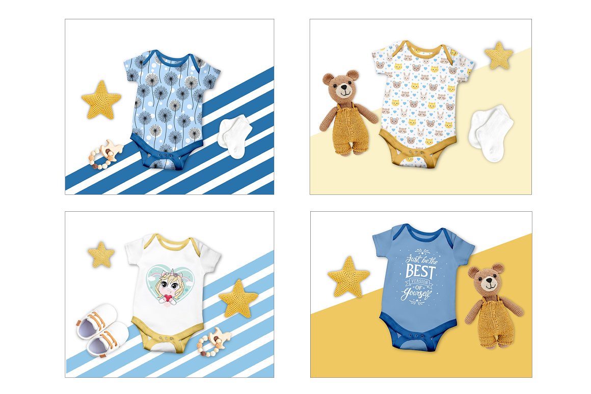 A set of 4 examples of a blue bodysuit with dandelion, white and yellow bodysuit with animals, white and yellow bodysuit with unicorn and blue bodysuit with white lettering on a white background.