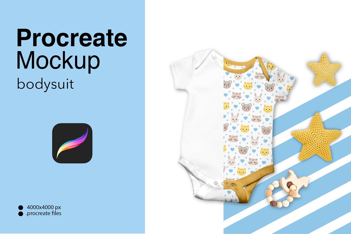 Black lettering "Procreate Mockup Bodysuit" on a light blue background and white baby bodysuit with example of yellow print with animals on a white and light blue background.