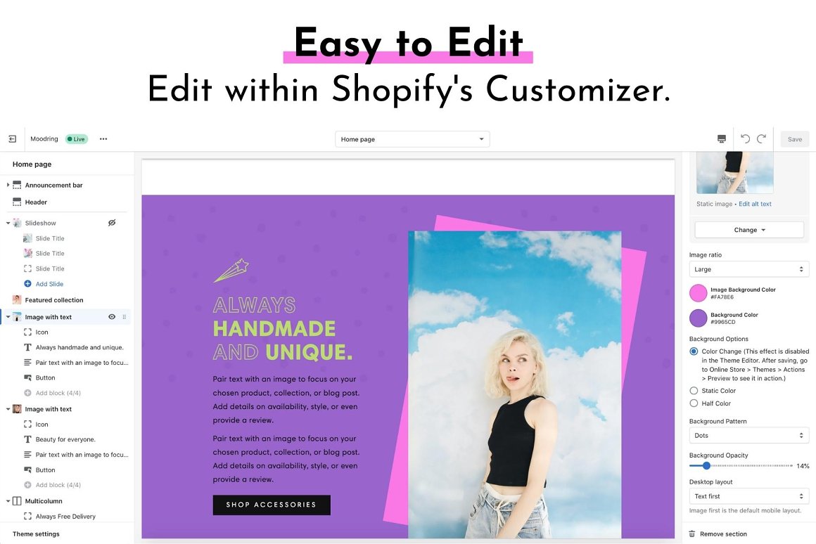 Black lettering "Easy to edit" and template of moodring cute Shopify theme on a white background.