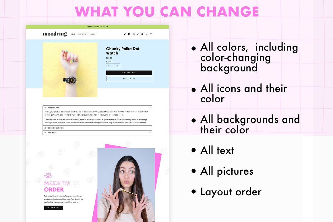 An example of moodring cute Shopify theme and pink lettering "What you can change".