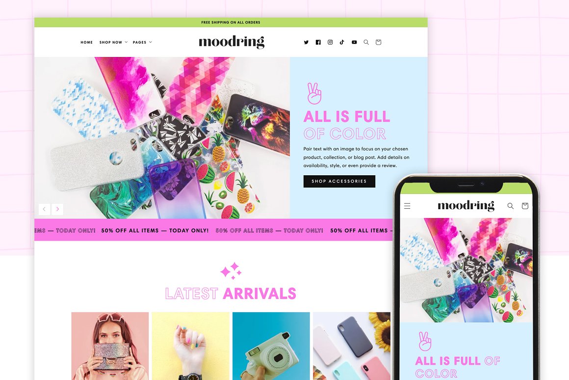 Iphone mockup and web version of moodring cute Shopify theme.