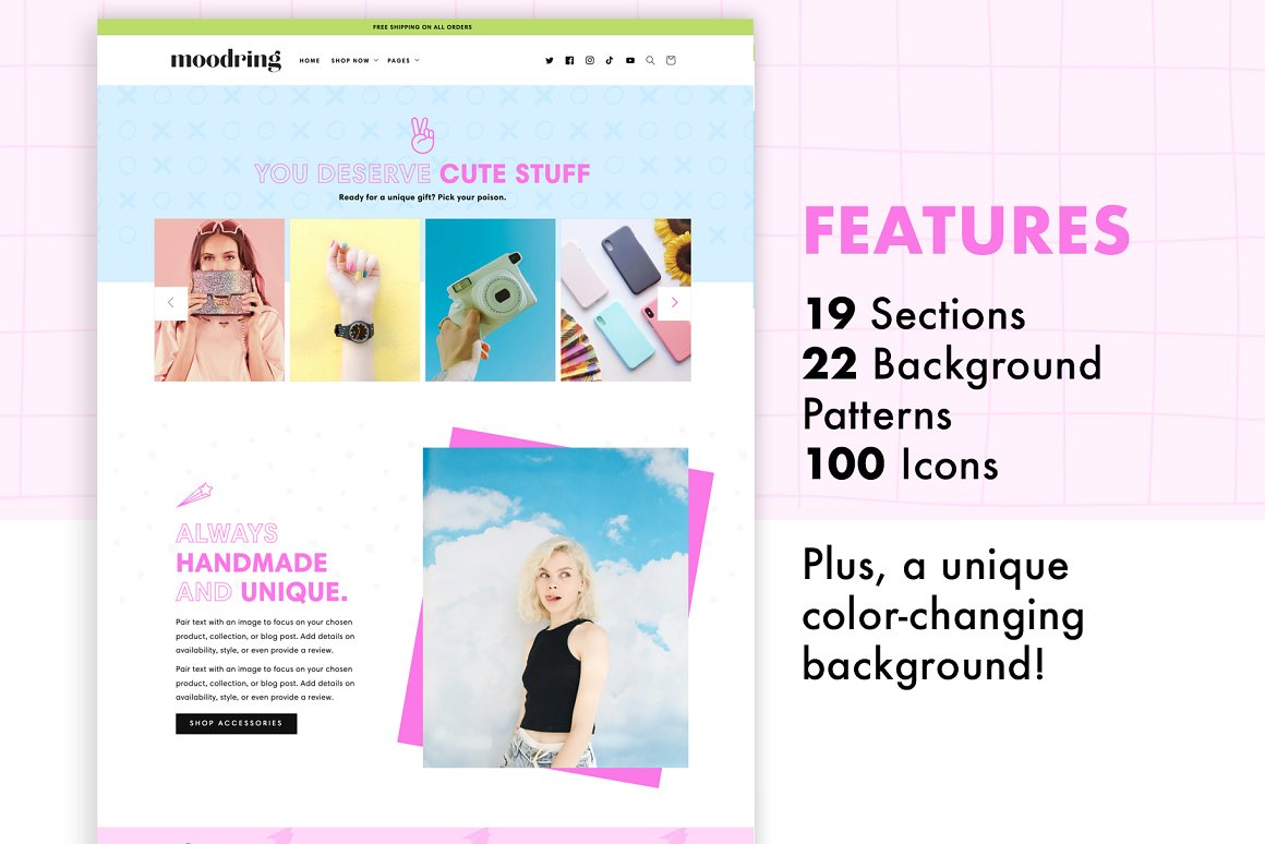 Pink lettering "Features" and website of moodring cute Shopify theme.