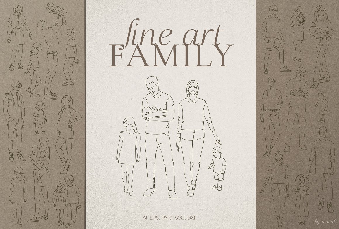 Brown lettering "Line Art Family" and illustration of family on a gray-brown background.