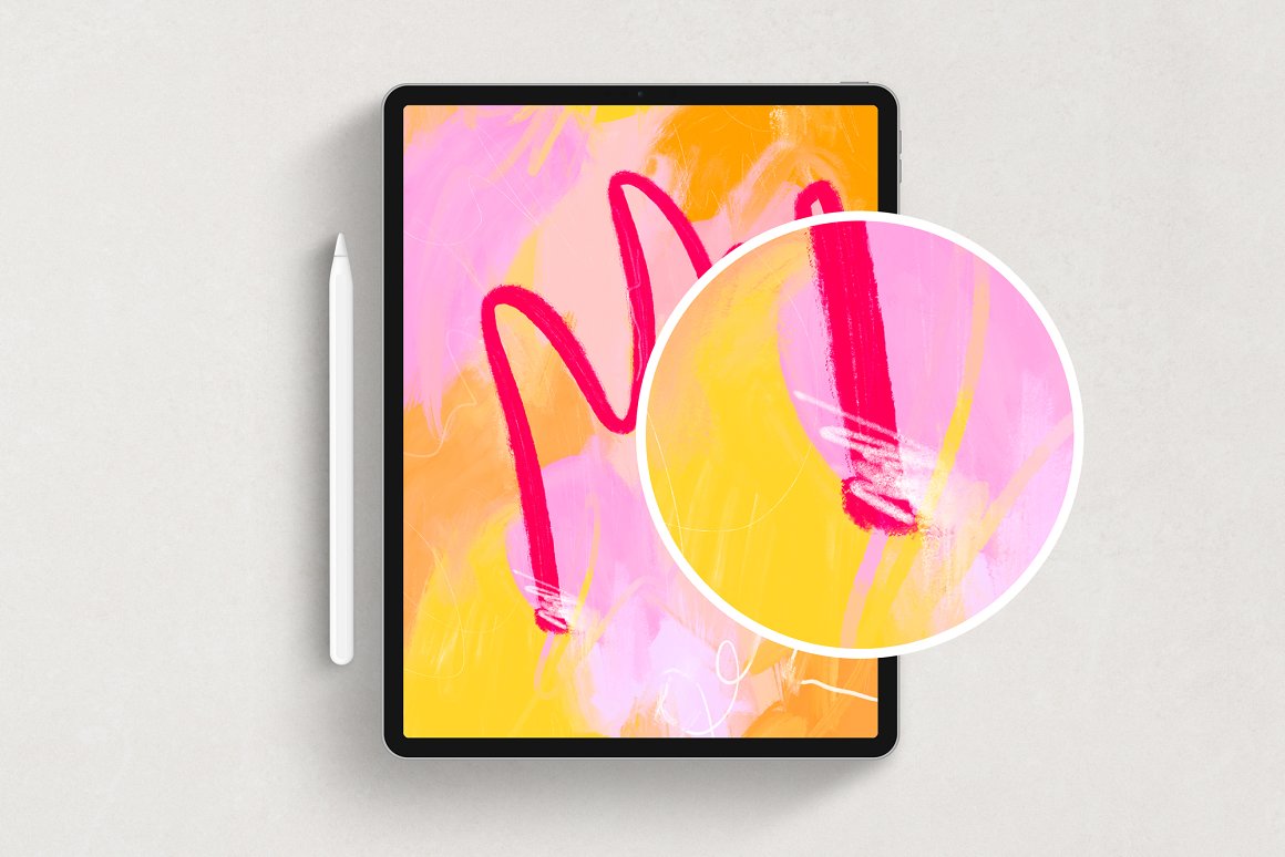 Mockup of iPad with abstract art painting on a gray background.