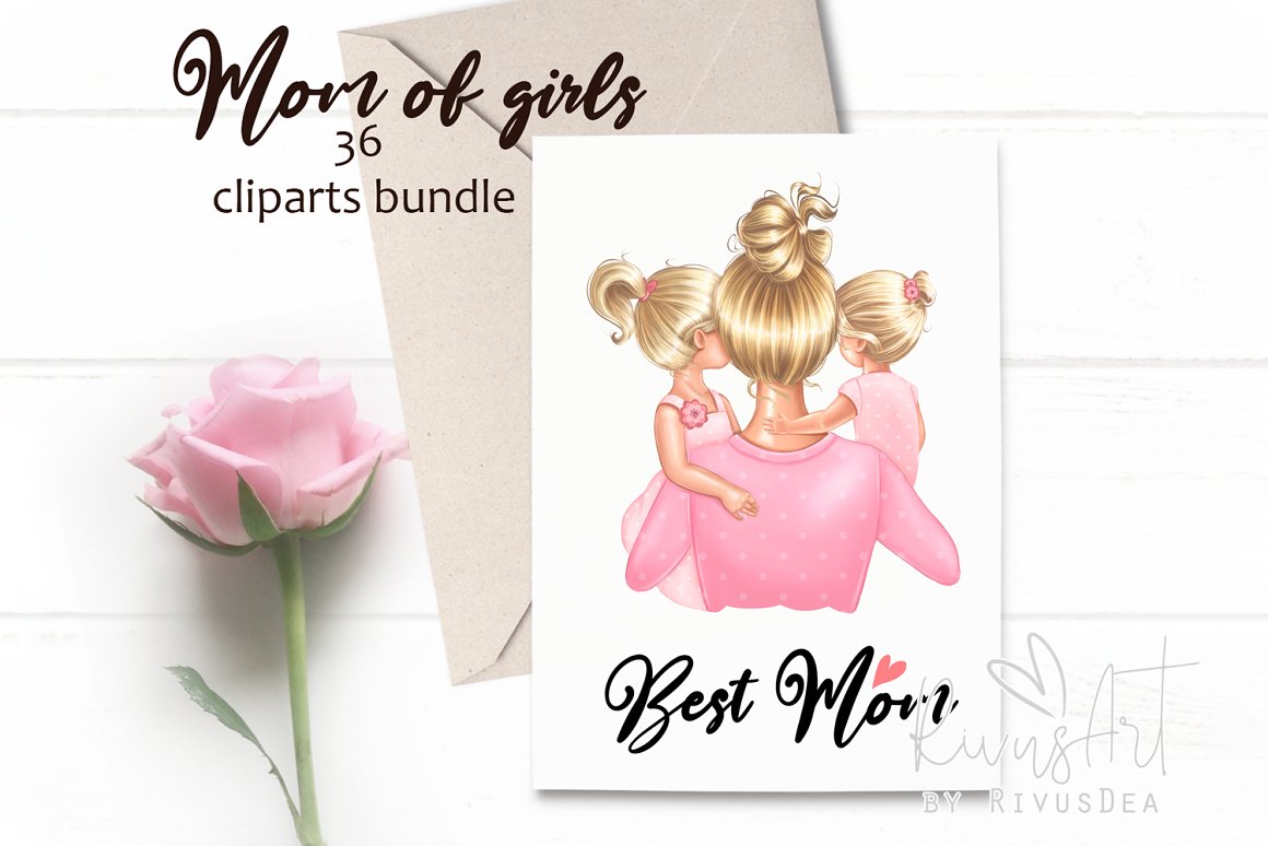 Black lettering "Mom Of Girls" and white card with pink illustration of mom with daughters.