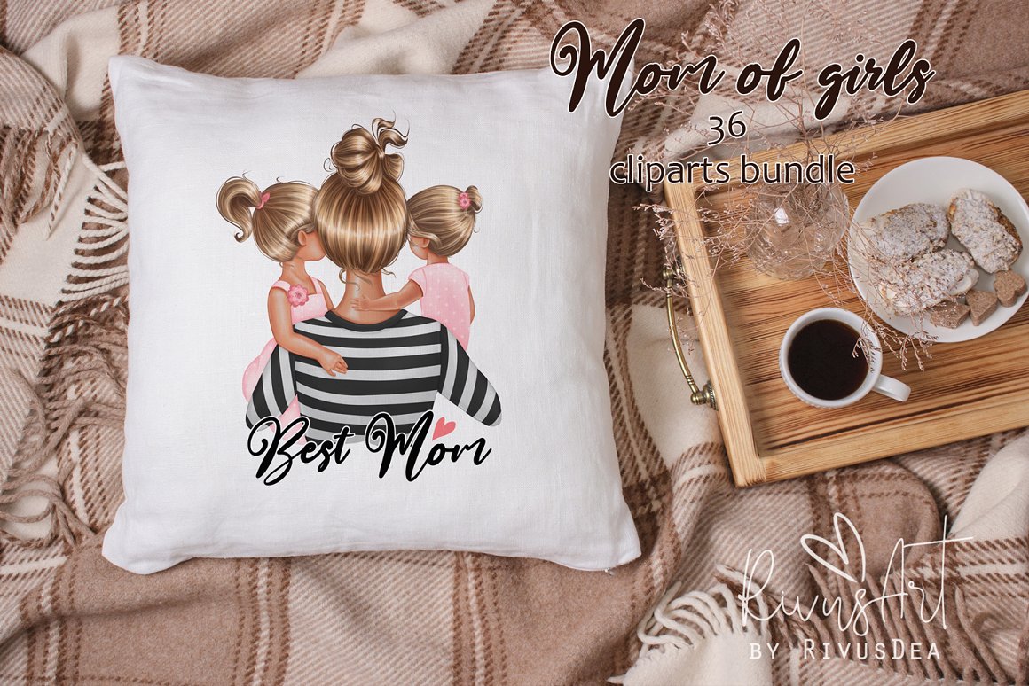 White pillow with illustration of mom with daughters.