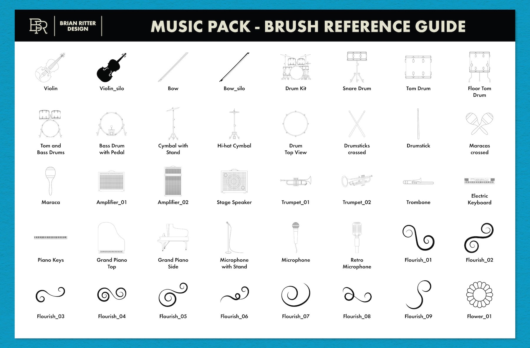 Cute BW brushes for the different music illustrations.