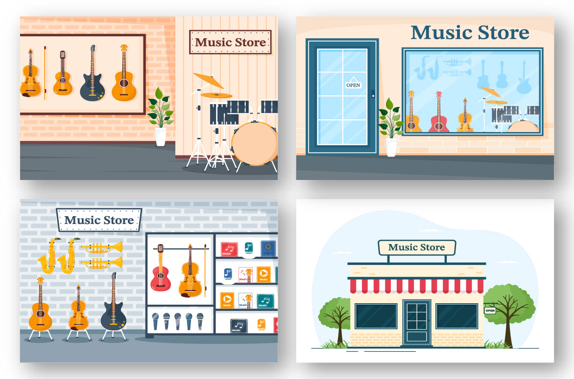 Big diversity of music store images.