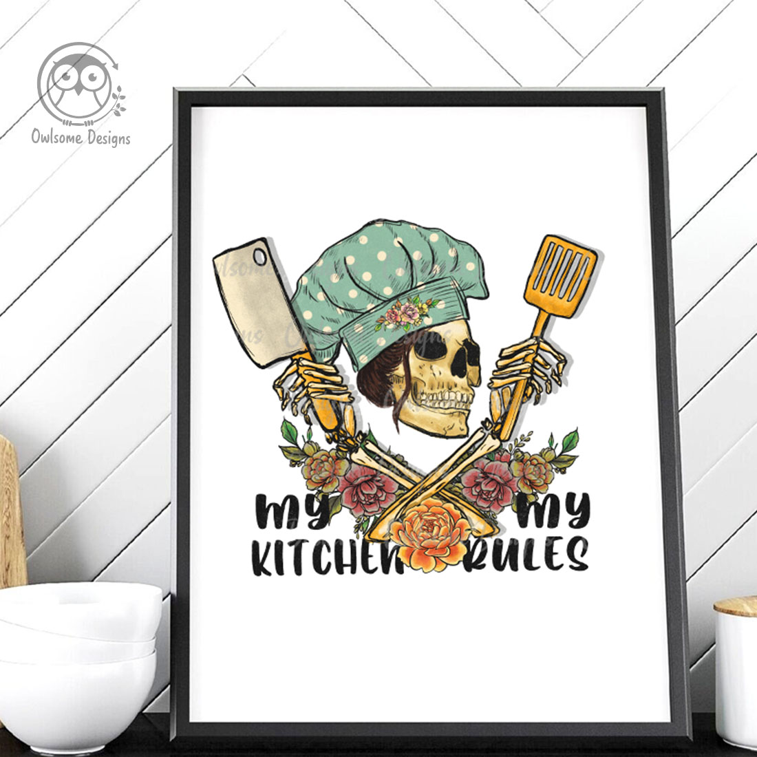 Adorable skeleton painting image with kitchen accessories.